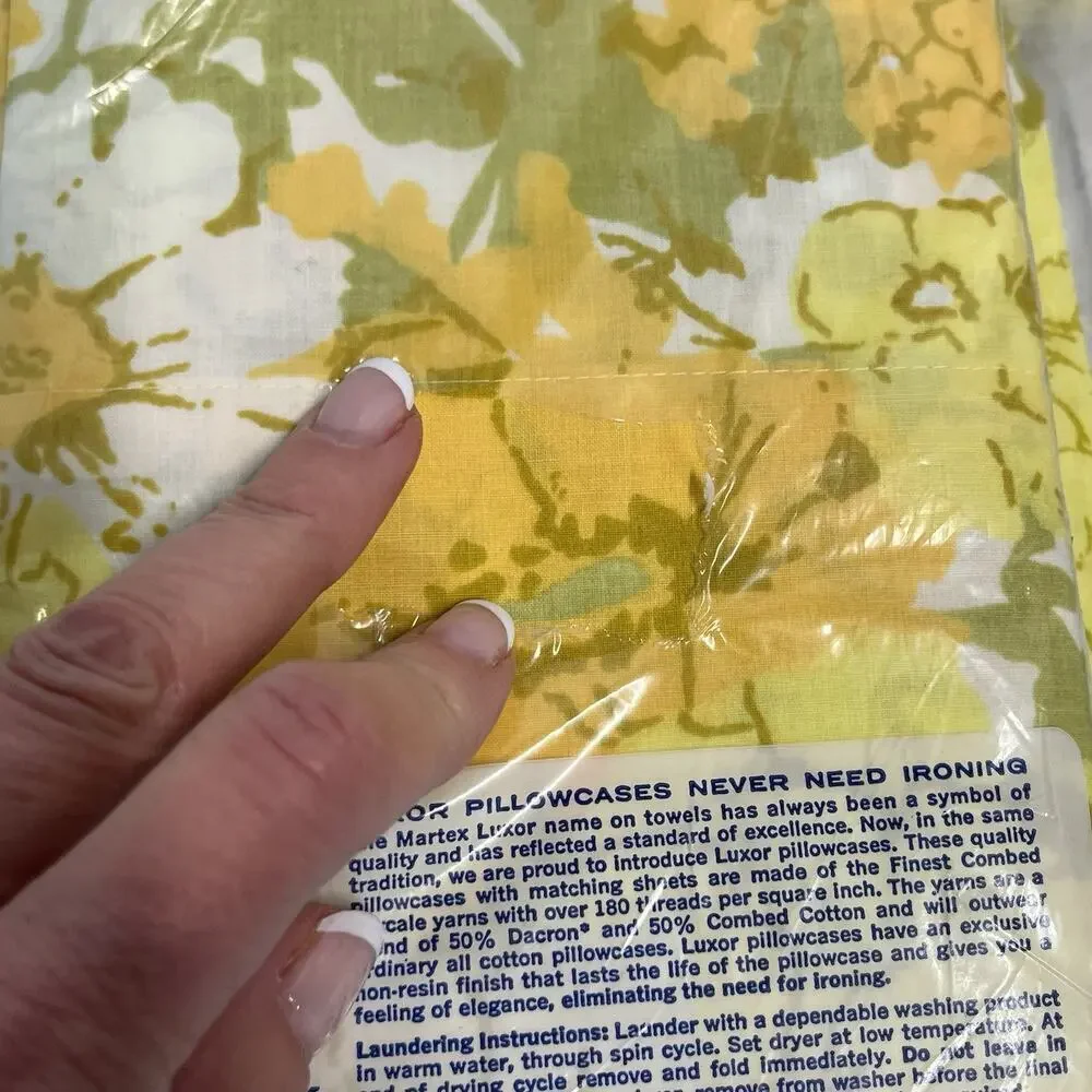 Vintage Martex Luxor Percale Twin Fitted Sheet Set 3pc Yellow Green Pillowcases